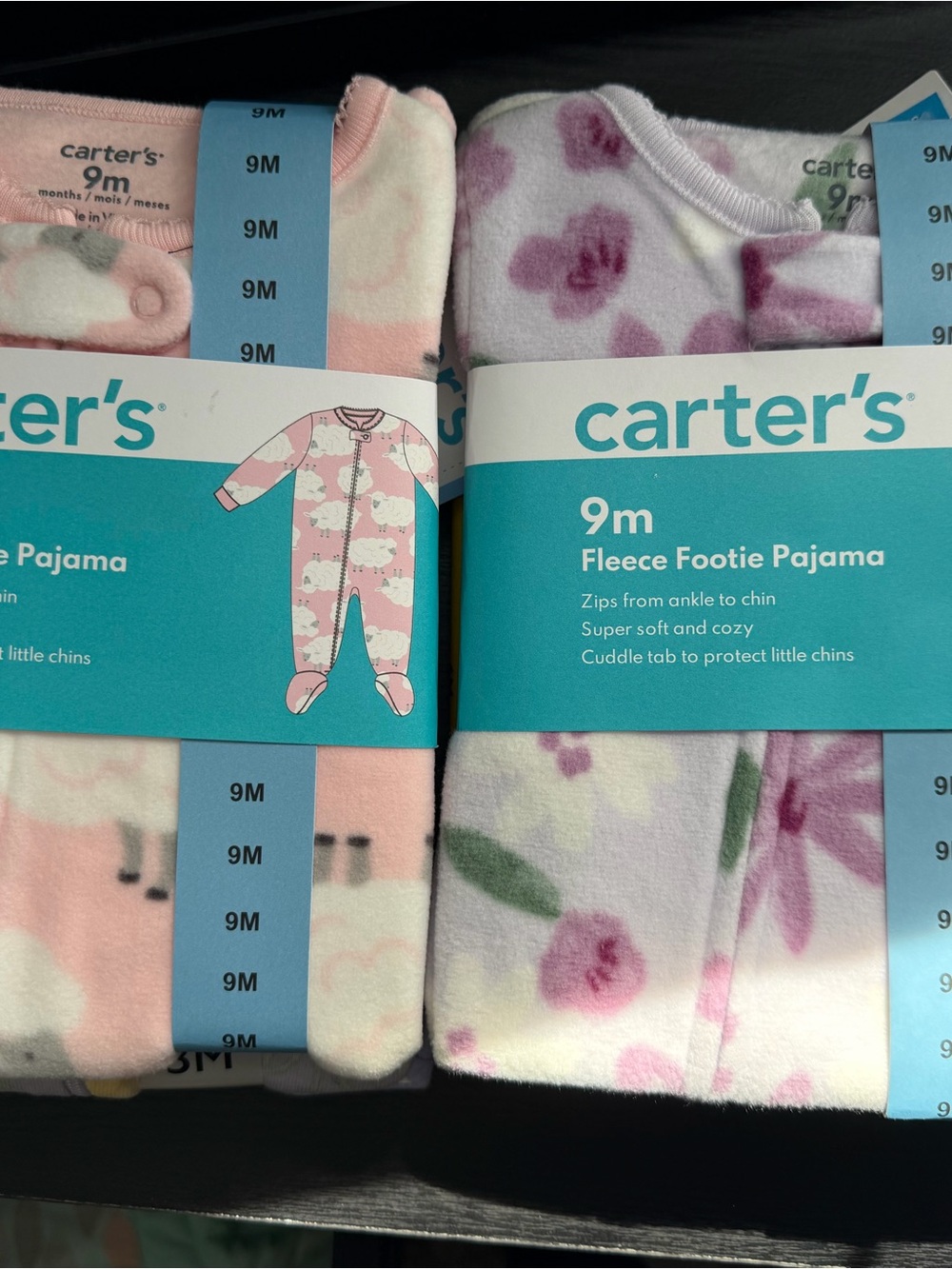 Carter's 9M Pink & White Fleece Footie Pajama - 2-Pack